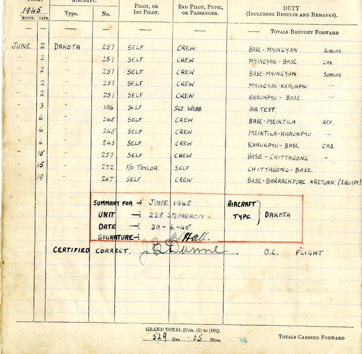 Flight Sgt Hall 238 squadron logbook 2 June 1945 to 19 June 1945